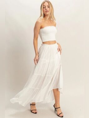 NEW HYFVE White Smocked Tube Top & Tiered Maxi Skirt Set Size Large